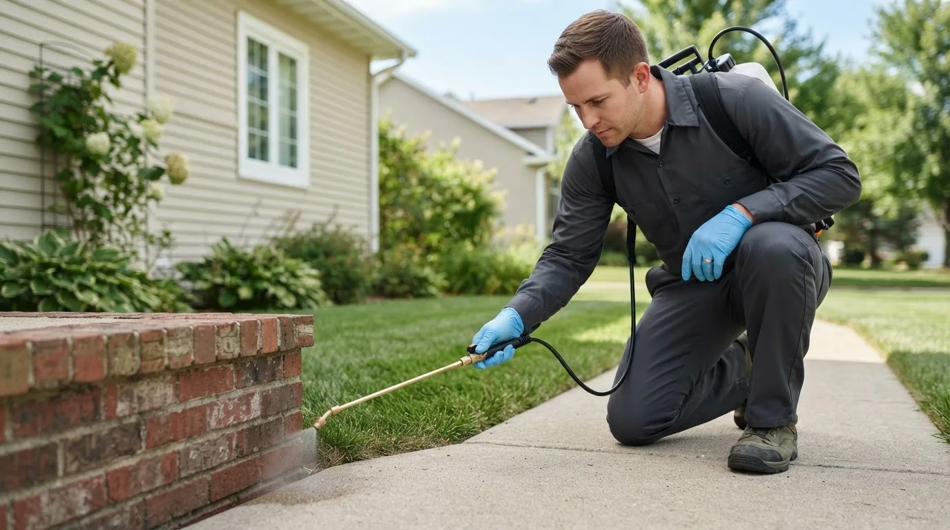 Pest control technician treating a home near Ivan, AR