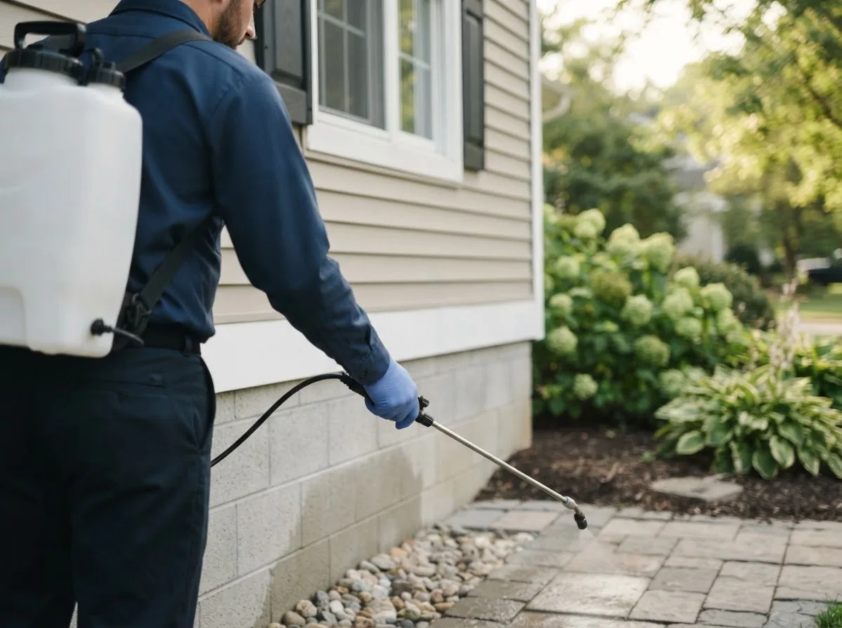 Pest control technician inspecting a home in Ivan, AR